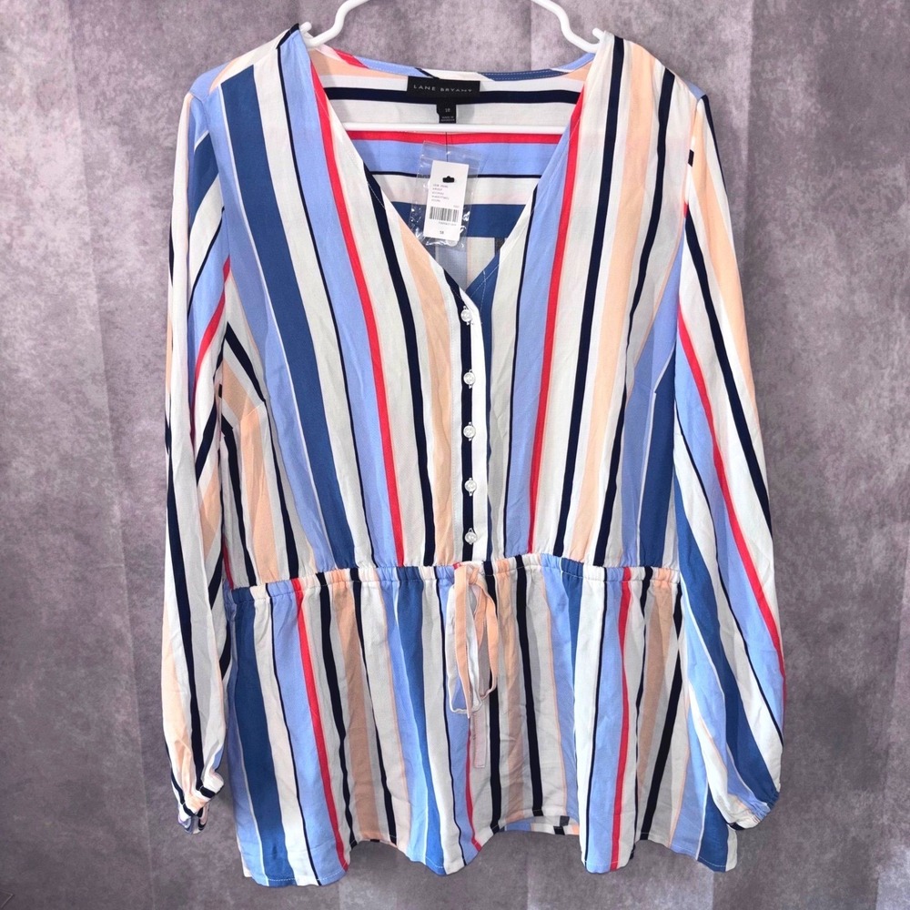 NWT Lane Bryant Plus Size 18 Striped Drawstring Cinch Waist Blouse Blue Red